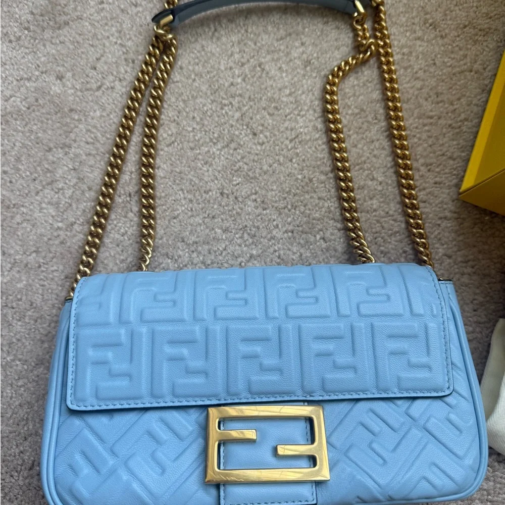 Fendi Light Blue Lambskin Zucca Baguette Gold Chain with Gold Hardware Full Set - Picture 3 of 16